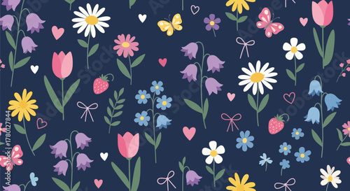 Delightful Floral Pattern with Blossoms, Butterflies, and Hearts on a Dark Background