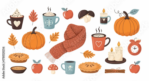 Cozy Autumn Icons Pumpkins, Pie, Drinks, Leaves, and Warm Scarf for Fall Season Celebrations