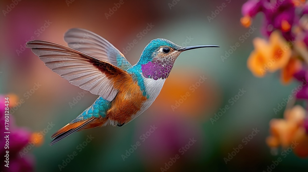 Obraz premium Vibrant Hummingbird in Flight Amidst Colorful Flora, Capturing Nature's Beauty and Precision in a Detailed Image