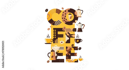 Coffee-themed typography illustration with cups, beans, and pots in a creative display for designs