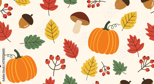 Fall Harvest Seamless Pattern Pumpkins, Leaves, and Berries - Autumnal Design for Seasonal Projects