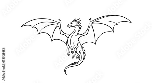 Wallpaper Mural Black Line Art Dragon Illustration – Flying Mythical Creature Tattoo Design, Fantasy Winged Dragon Outline, Minimalist Vector for Logo, Emblem, Mascot, and Graphic Design Elements Torontodigital.ca