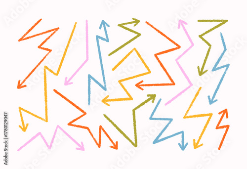 Crayon Zigzag Arrow Icons Set in Pastel Colors. Vector Hand Drawn Pencil Zig Zag Shapes in Kids Style. Doodle Geometric Arrows for Template, Promo and Web Design