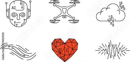 Technology and data line icons of AI, drone, cloud computing, signal, emotion, and digital flow for futuristic vector illustration