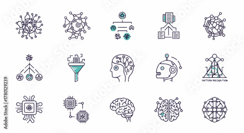 Artificial Intelligence, Neural Networks, and Data Processing Vector Line Icons Set
