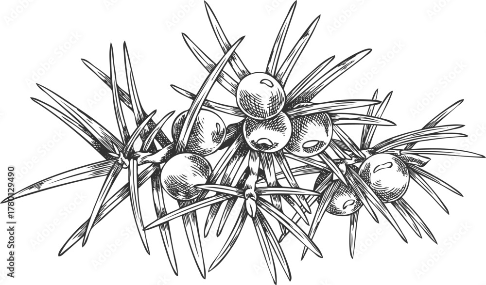 Fototapeta premium Juniper branch with berries engraved hand drawn vector illustration, coniferous botanical sketch, evergreen bush plant