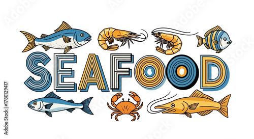Seafood Feast Illustration with Fish, Shrimp, and Crab Elements