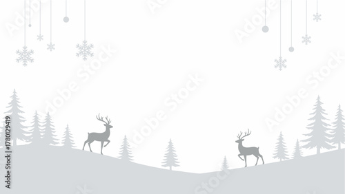 A serene, monochromatic winter landscape featuring two reindeer silhouettes among pine trees under falling snow.