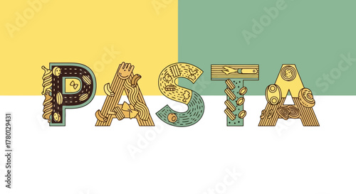 Pasta Typography Illustration with Noodles, Macaroni and Lettering Design for Italian Cuisine