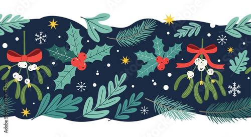 Festive Holiday Floral Border Design with Mistletoe, Berries, and Evergreen Branches on Dark Blue