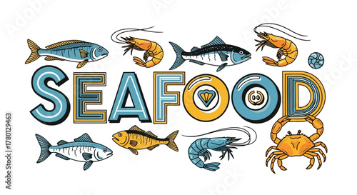 Seafood graphic with fishes, shrimps, and crab illustration
