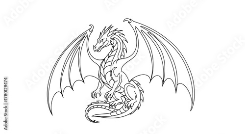 Wallpaper Mural Black Line Art Dragon Illustration – Flying Mythical Creature Tattoo Design, Fantasy Winged Dragon Outline, Minimalist Vector for Logo, Emblem, Mascot, and Graphic Design Elements Torontodigital.ca