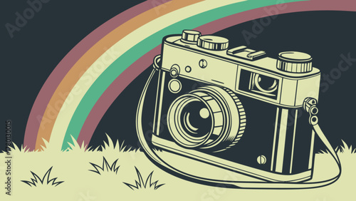 A vintage camera sits in a field with a rainbow in the background, capturing a sense of nostalgia and the beauty of capturing memories