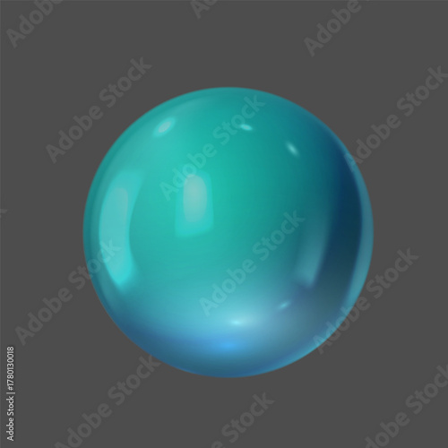 Realistic 3D aquamarine glass ball with glares and highlights effect, vector volume glossy sphere, inflatable balloon