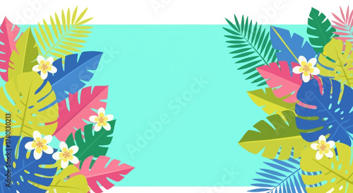 Tropical Leaves and Flowers Background with Blank Space for Text