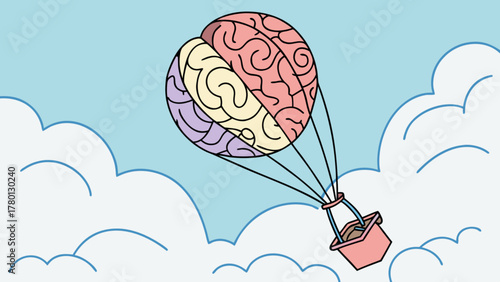 A creative illustration of a brain shaped hot air balloon flying in the sky, symbolizing intelligence, knowledge, and the power of the human mind