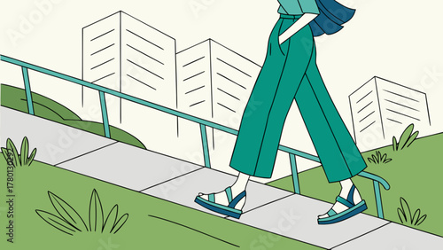 A woman in stylish green pants confidently strides along a city sidewalk, embodying modern fashion, urban life, and the dynamism of city living
