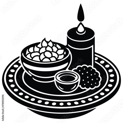 Traditional Diwali Pooja Thali Icon Black and White