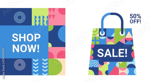 Geometric Sale Banners Featuring Abstract Patterns with Shop Now and 50% Off Messages