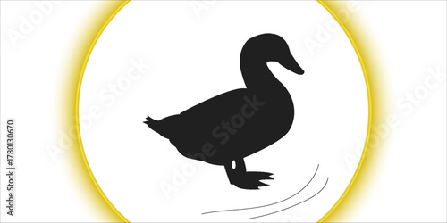 modern.Black Duck Silhouette Inside White Circle With Yellow Glow — Minimal Logo Icon for Nature, Wildlife, and Mascot Branding