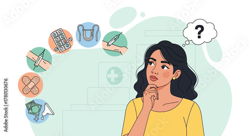 Decisions on healthcare Woman considering medicine options with thought bubble