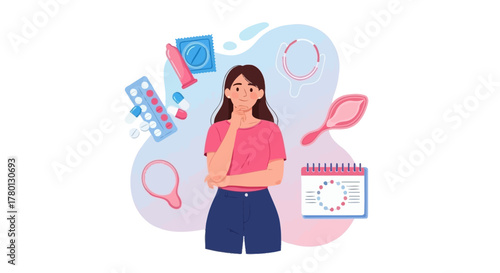 Woman contemplating birth control options with pills, calendar, and barrier methods