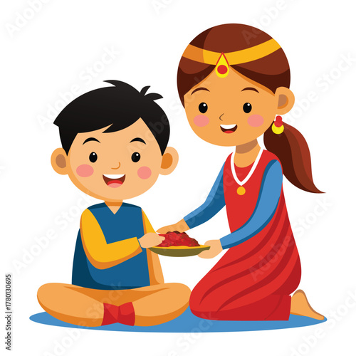Indian Siblings Celebrating Festival Sharing Sweets Vector Illustration