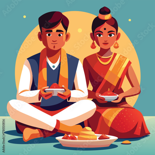 Indian Couple in Traditional Clothes Celebrating Festival Offering Prasad