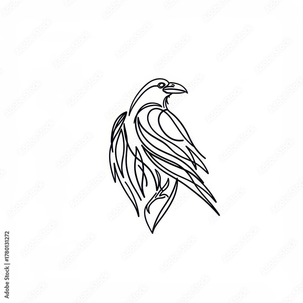 Obraz premium Stylized single line drawing depicts a profile view of a majestic corvid perched against a white background.