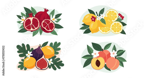 Vibrant Fruit Illustrations Pomegranate, Lemon, Fig, and Peach Clusters