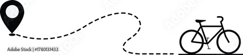 Vector illustration of bicycle and location pin with dotted line path