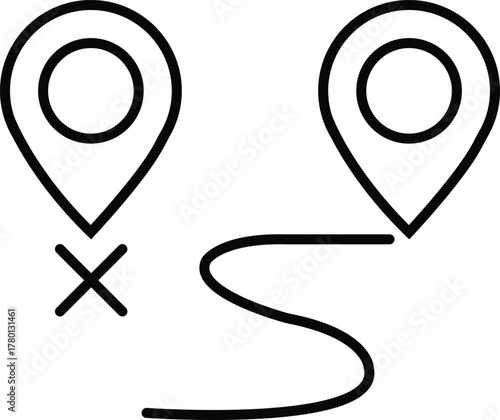 Vector illustration of two location pins connected by a winding path with a cross marking the starting point