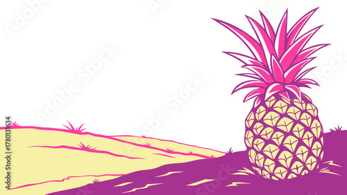 A vibrant illustration of a pineapple standing tall on a hill, bathed in sunlight, creating a tropical and summery atmosphere