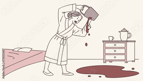 Woman in bathrobe spills coffee on floor, creating a humorous and relatable scene of a common mishap