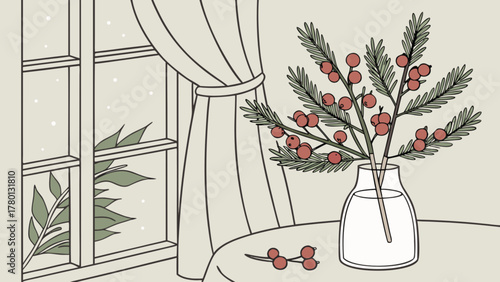 Cozy winter scene featuring a vase with pine branches and red berries on a table near a window, creating a warm and inviting atmosphere
