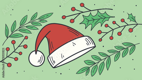 Festive christmas background with santa hat, holly, and berries on a light green backdrop, perfect for holiday cards and seasonal designs