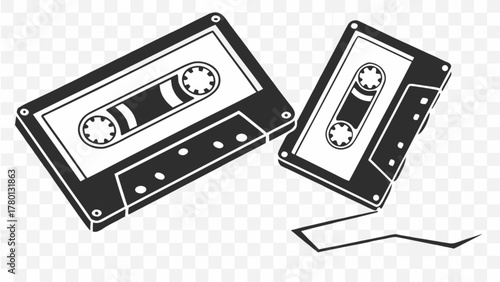 Two black and white cassette tapes, one with the tape coming out