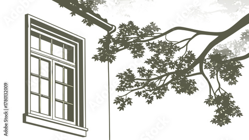 A serene illustration of a house facade with a window and a tree branch, creating a peaceful and inviting scene
