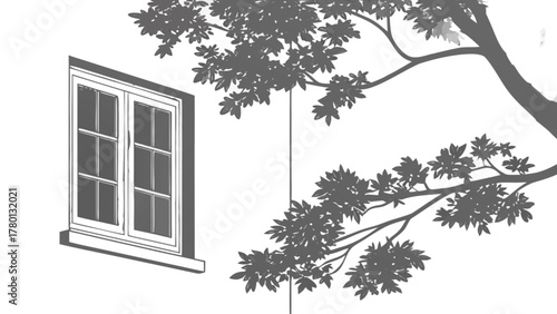 A monochrome illustration of a house facade with a window and a tree branch, creating a peaceful and inviting scene