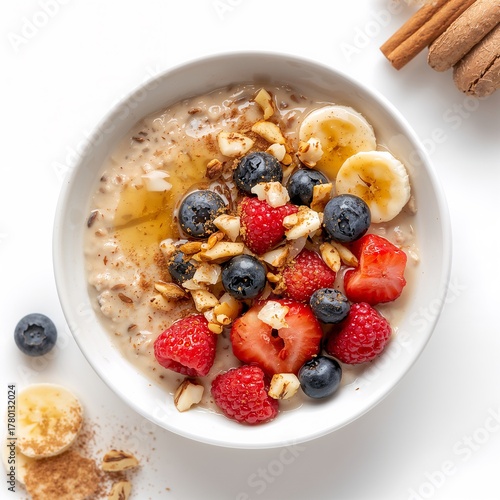 Bowl of oatmeal with fresh berries, nuts, and honey isolated on white background