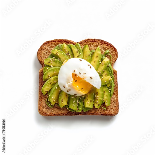 Avocado toast with poached egg and sesame seeds isolated on white background