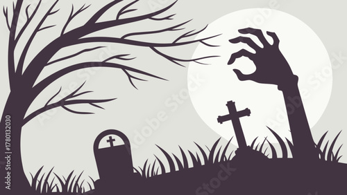 Eerie halloween night scene with a zombie hand rising from a grave, a bare tree, and a full moon casting shadows over a graveyard