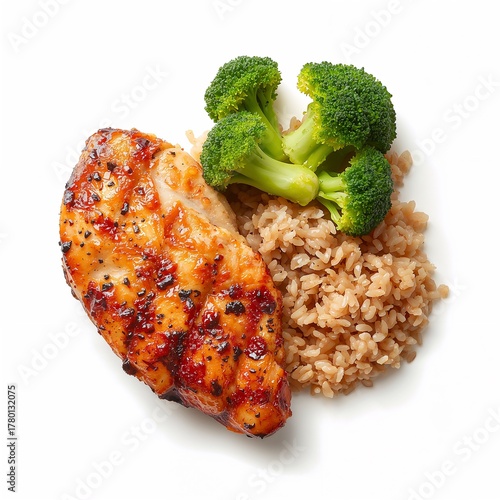Grilled chicken breast with steamed broccoli and brown rice isolated on white background