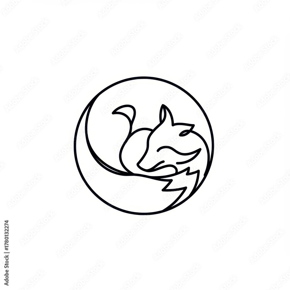 Obraz premium Minimalist continuous line drawing depicts a sleeping vulpine curled inside a circle