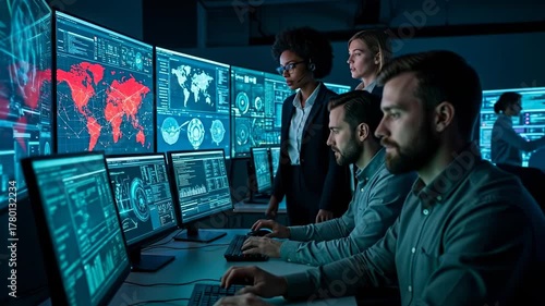 Team of cybersecurity experts monitoring global threats on large screens.
