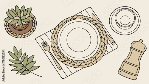 Overhead view of a table setting with a plate, cutlery, succulent, and salt shaker on a beige background, creating a cozy and inviting atmosphere