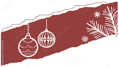 Festive christmas background with ornaments, snowflakes, and pine branches on a red backdrop, creating a joyful and celebratory atmosphere
