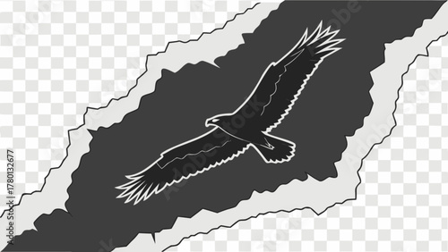 Eagle soars through a torn paper, symbolizing freedom and escape, with a monochrome palette creating a dramatic and impactful visual statement