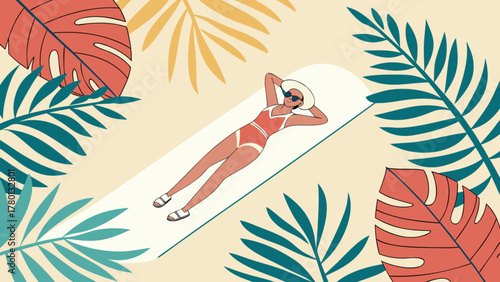 A woman relaxes on a tropical beach surrounded by lush foliage, enjoying the sun and the serene atmosphere of a perfect summer vacation