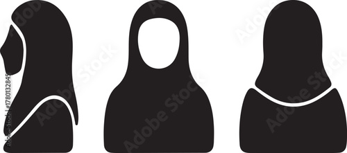 Hijab Woman Silhouette Icon Set Front, Side, and Back View Vector Illustration 